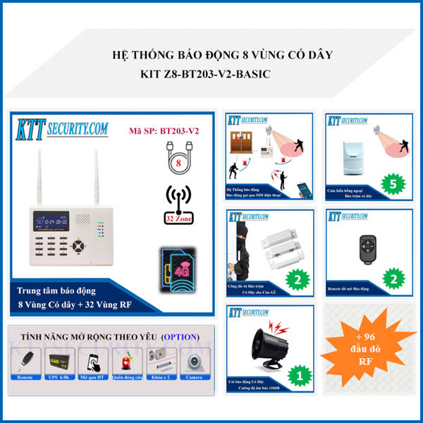 Hệ thống báo động 8 vùng có dây KIT Z8-BT203-V2-BASIC